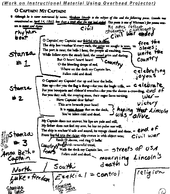 Overhead of O Captain poem with student input